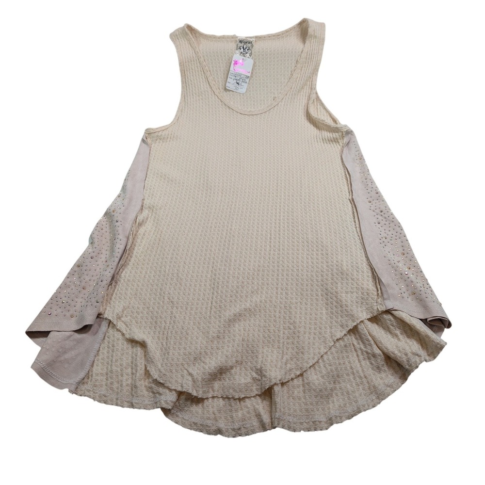 Vocal Womens Rhinestone Waffle Knit Panel Tank L Cream